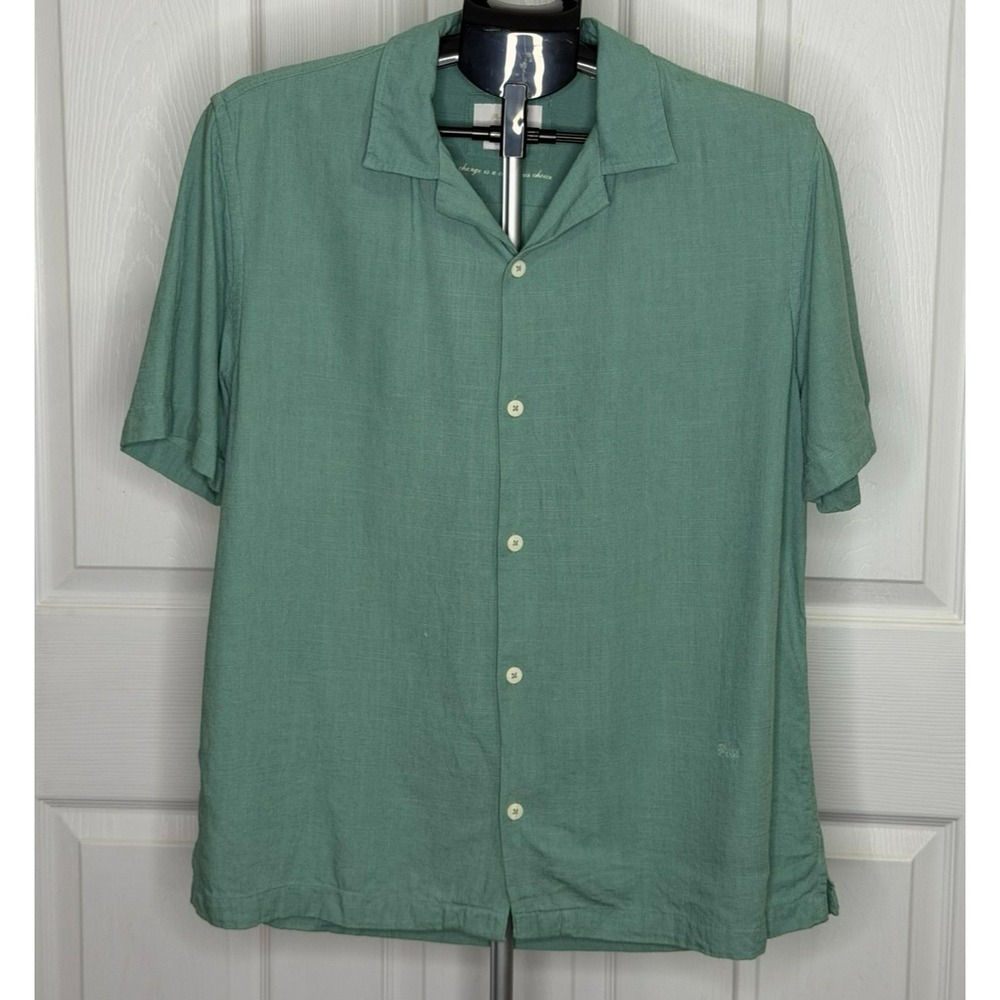 Porter & Ash Mens Medium Linen Blend Camp Shirt Sage Green Short Sleeve Button